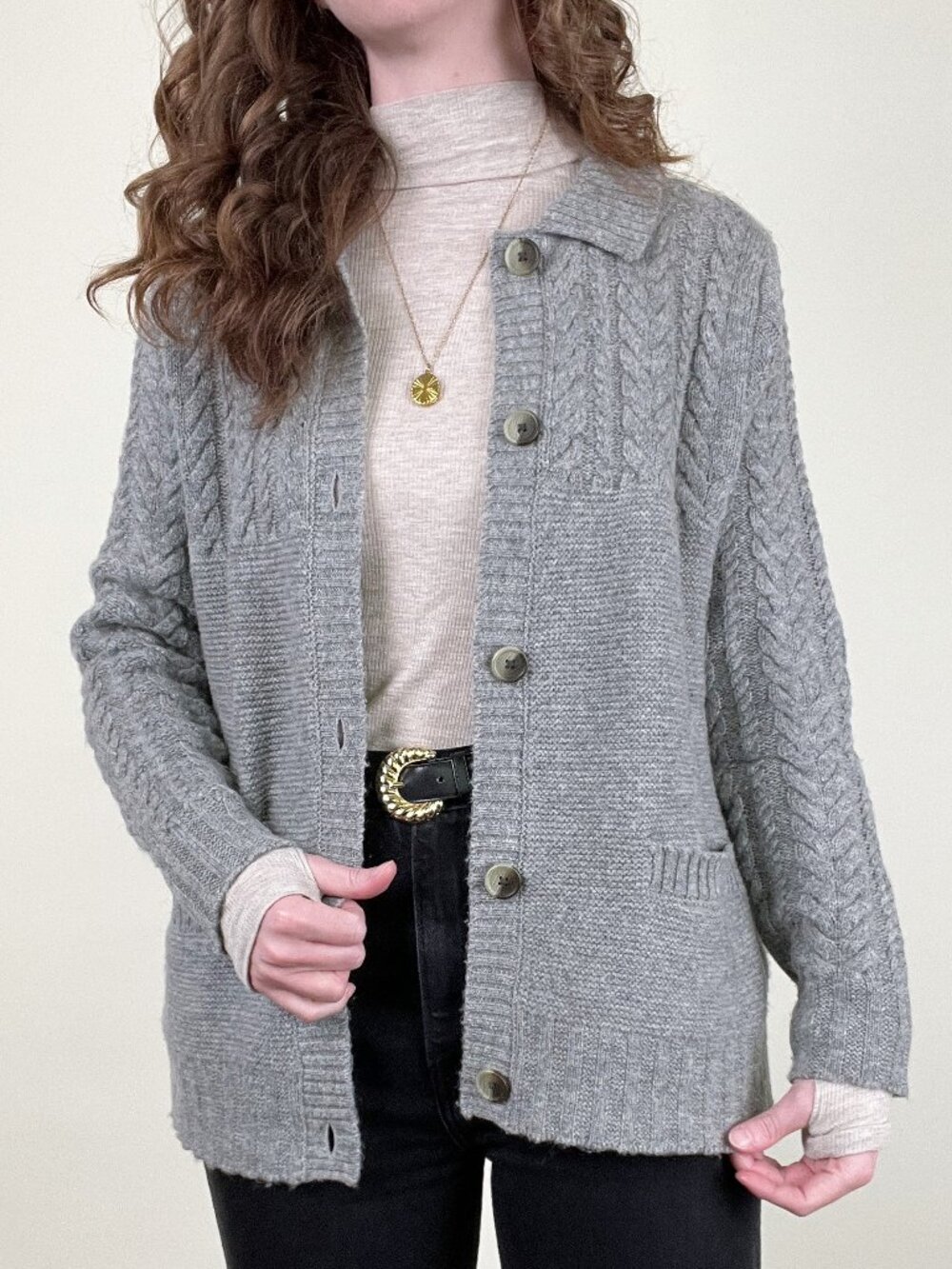 100% Lambs Wool Cable Knit WoolOvers Cardigan Sweater Minimalist Quiet Luxury